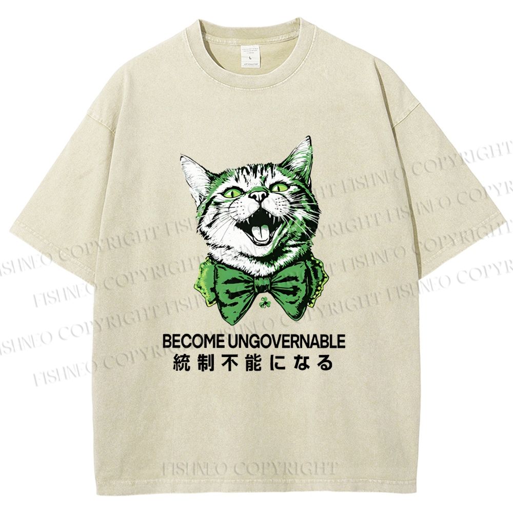 Unisex Become Ungovernable Four-Leaf Clover Cat Printed Washed Tee