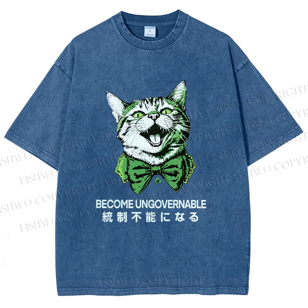 Unisex Become Ungovernable Four-Leaf Clover Cat Printed Washed Tee