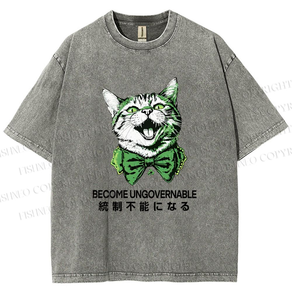 Unisex Become Ungovernable Four-Leaf Clover Cat Printed Washed Tee