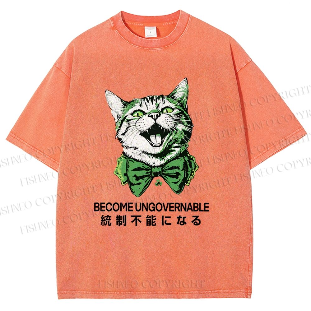 Unisex Become Ungovernable Four-Leaf Clover Cat Printed Washed Tee
