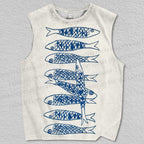 Unisex Blue Simple Sardine Printed Tank Top