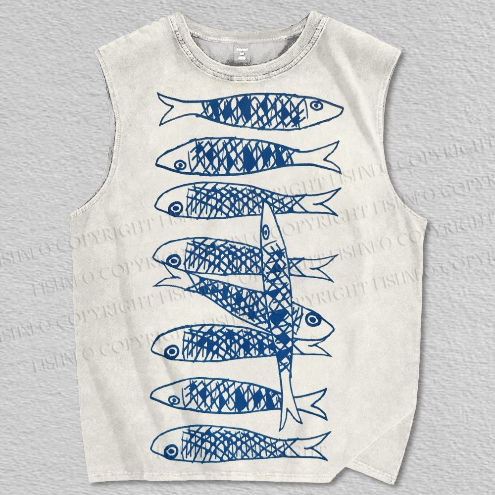 Unisex Blue Simple Sardine Printed Tank Top