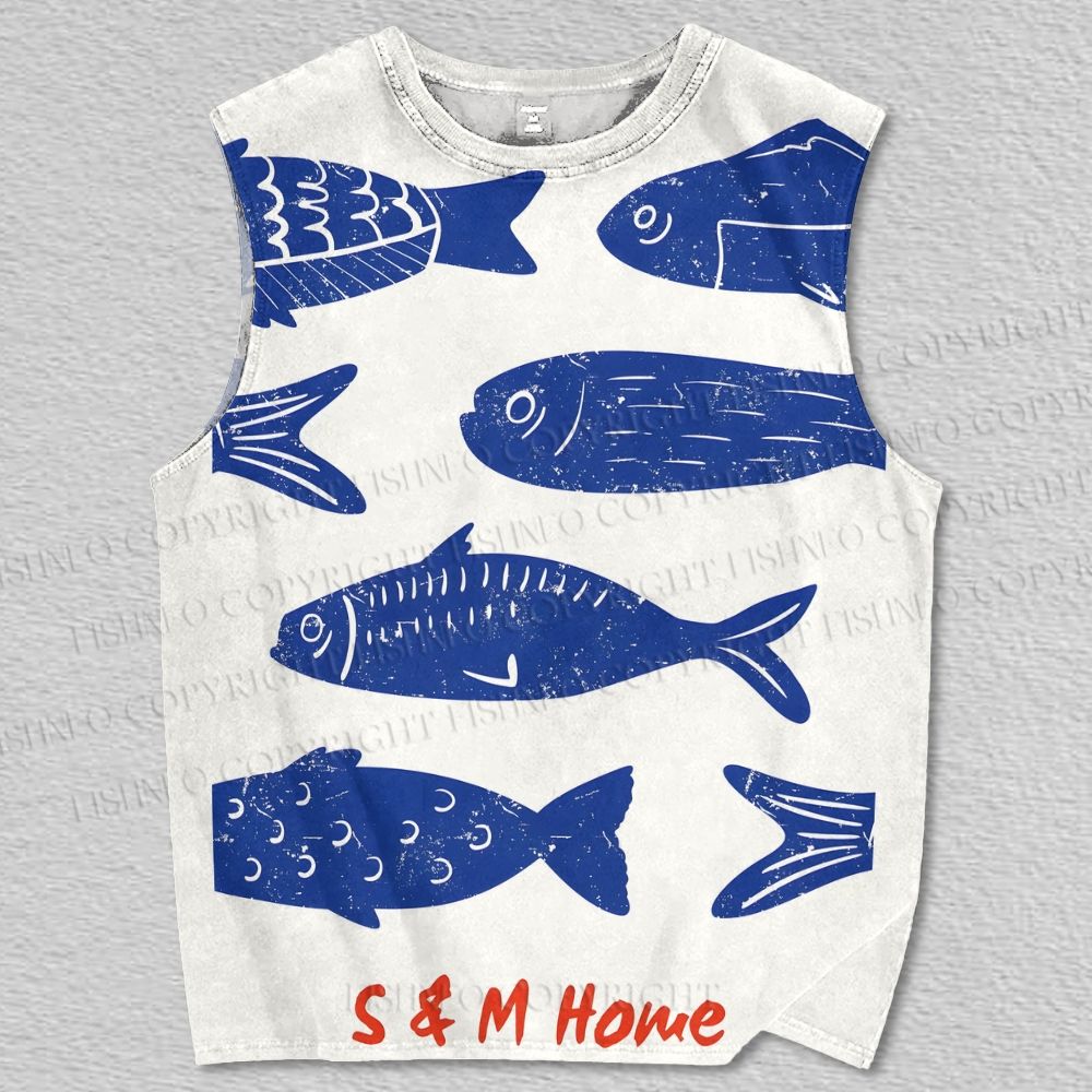 Unisex Blue Art Fish Printed Tank Top