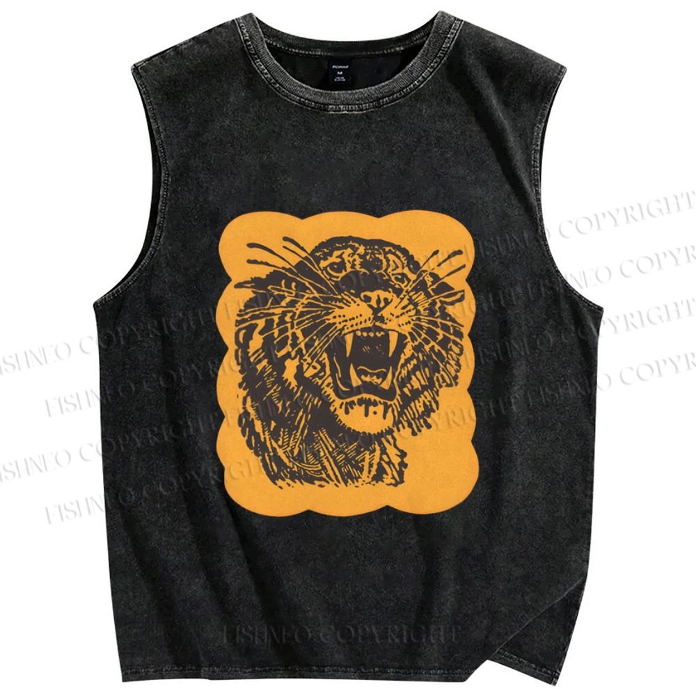 Unisex Tiger Printed Washed Tank Top