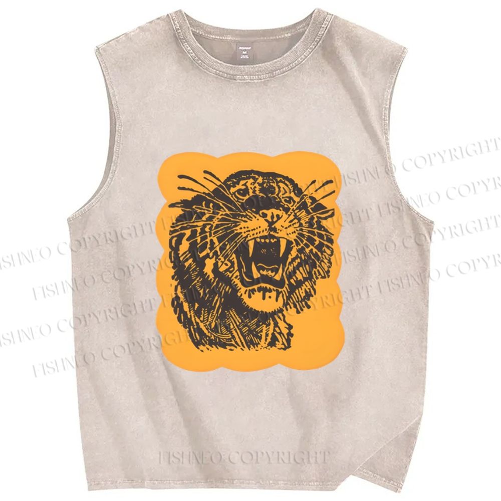 Unisex Tiger Printed Washed Tank Top