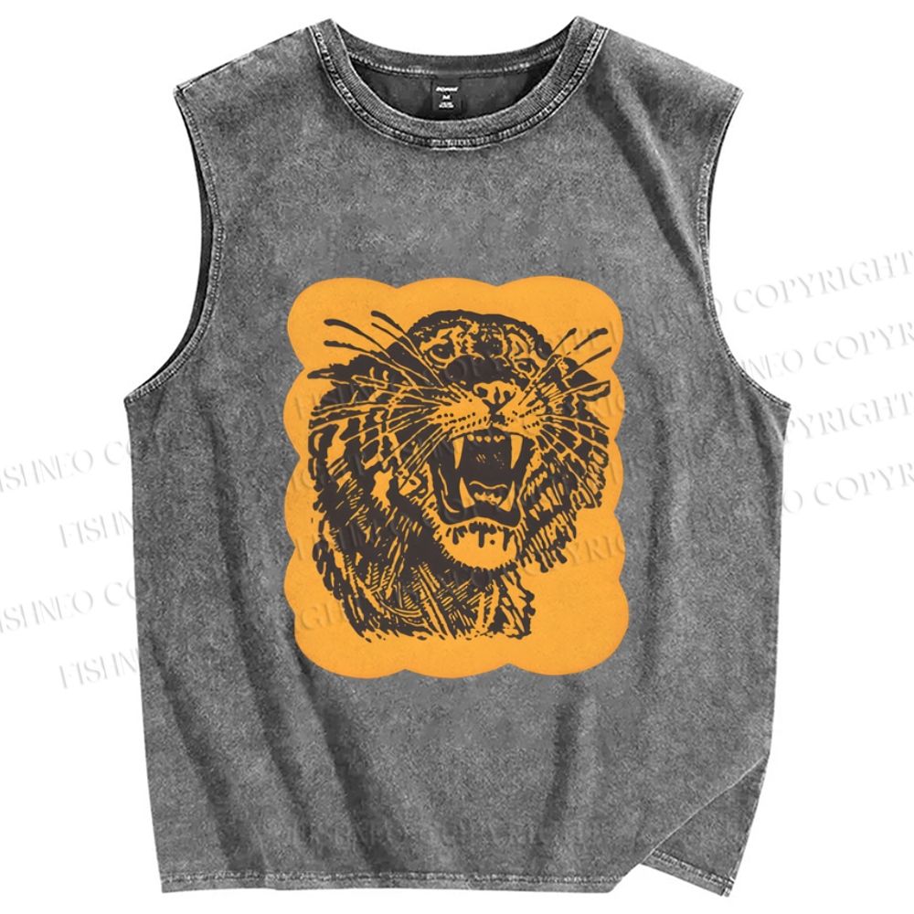Unisex Tiger Printed Washed Tank Top