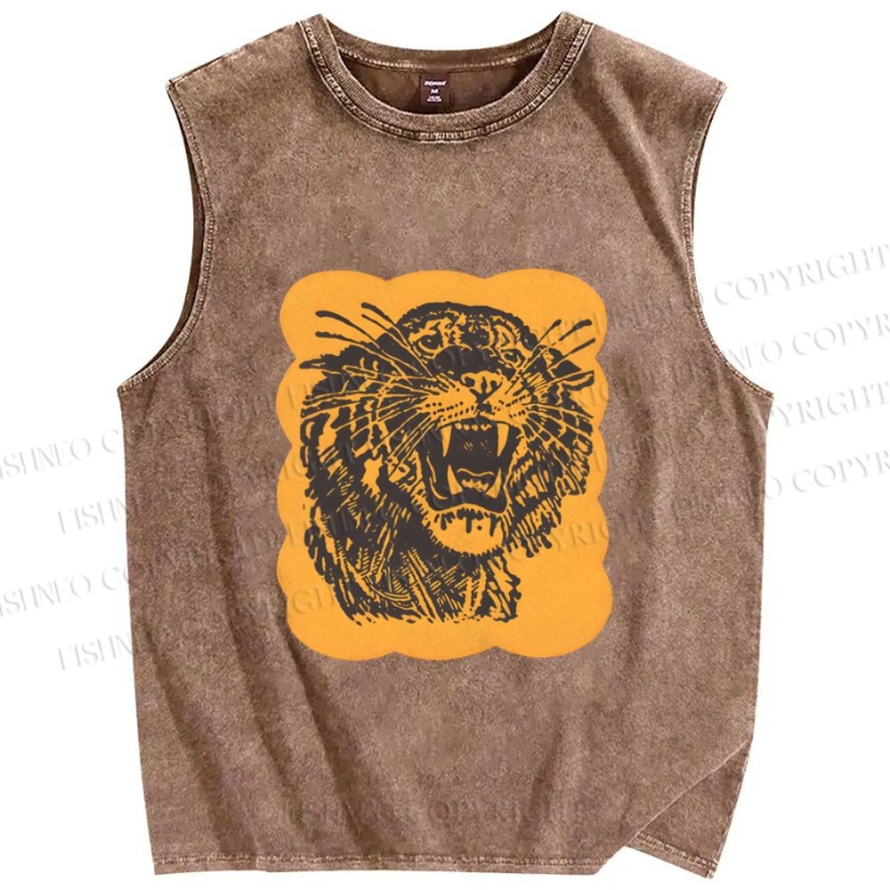 Unisex Tiger Printed Washed Tank Top