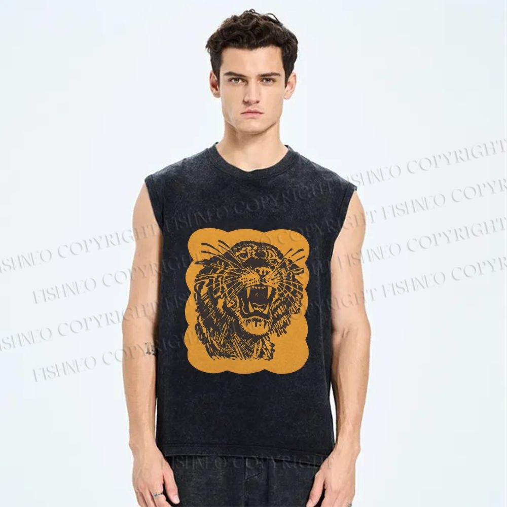 Unisex Tiger Printed Washed Tank Top