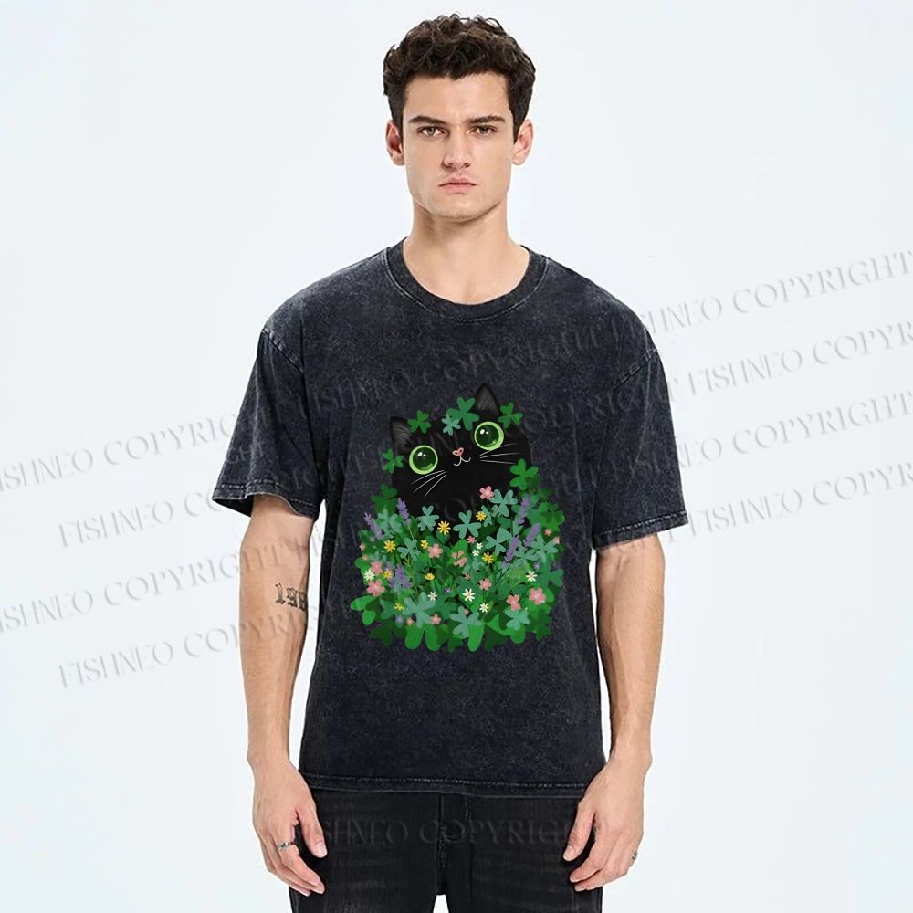 Unisex Black Cat On St. Patrick's Day Printed Washed Tee