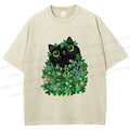 Unisex Black Cat On St. Patrick's Day Printed Washed Tee