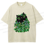 Unisex Black Cat On St. Patrick's Day Printed Washed Tee