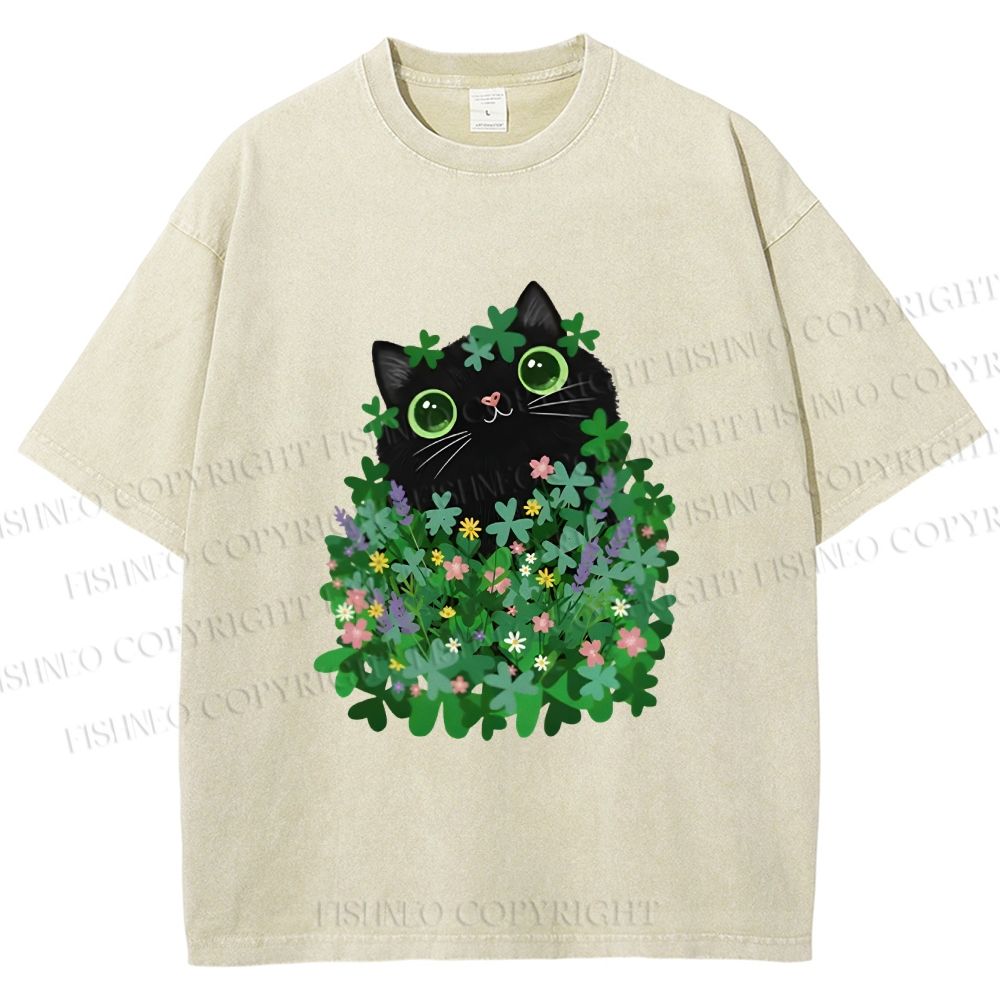 Unisex Black Cat On St. Patrick's Day Printed Washed Tee