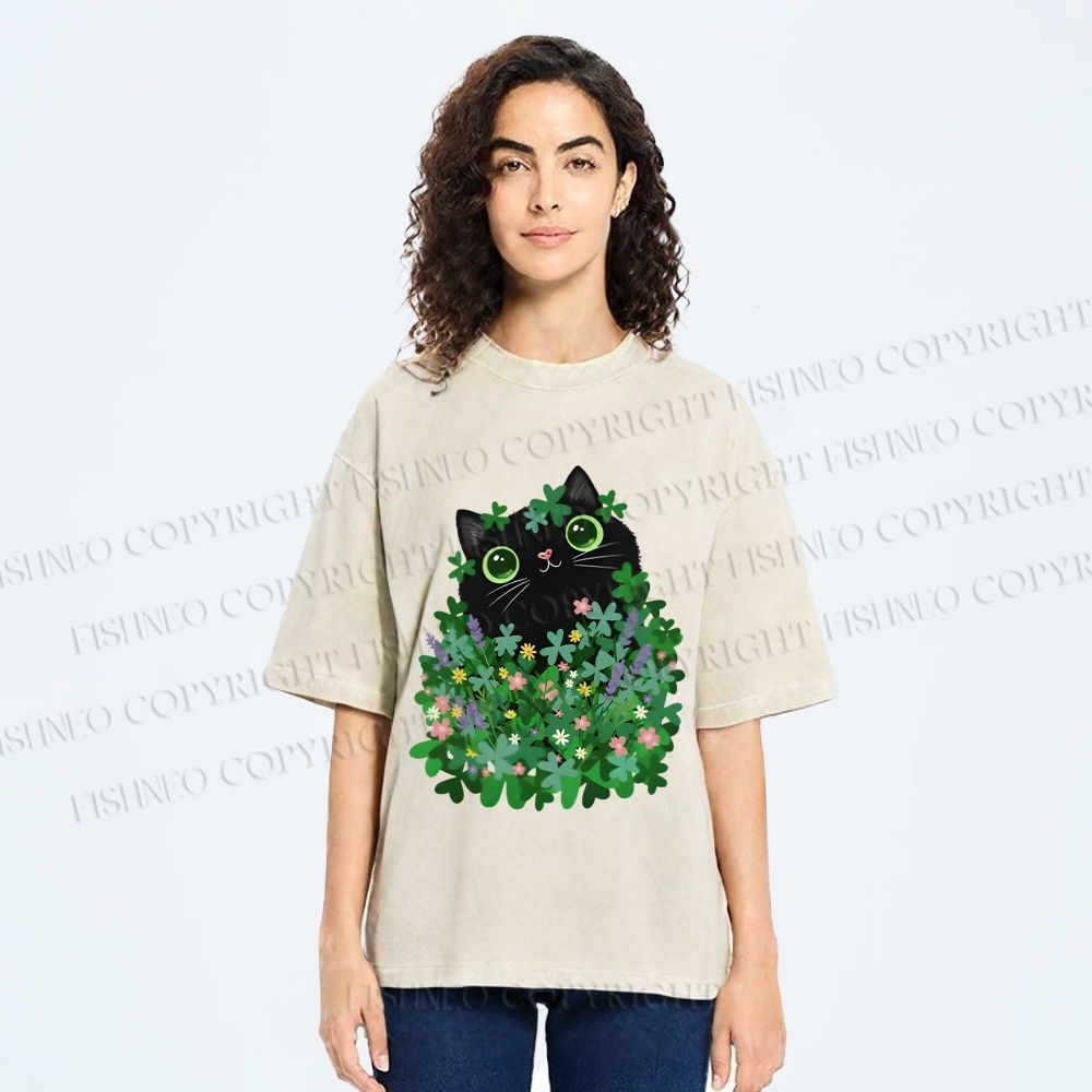 Unisex Black Cat On St. Patrick's Day Printed Washed Tee