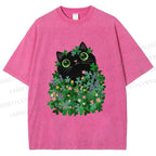 Unisex Black Cat On St. Patrick's Day Printed Washed Tee