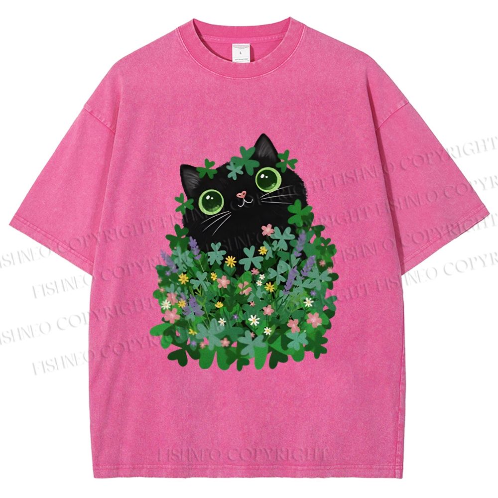 Unisex Black Cat On St. Patrick's Day Printed Washed Tee
