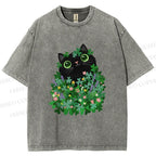 Unisex Black Cat On St. Patrick's Day Printed Washed Tee