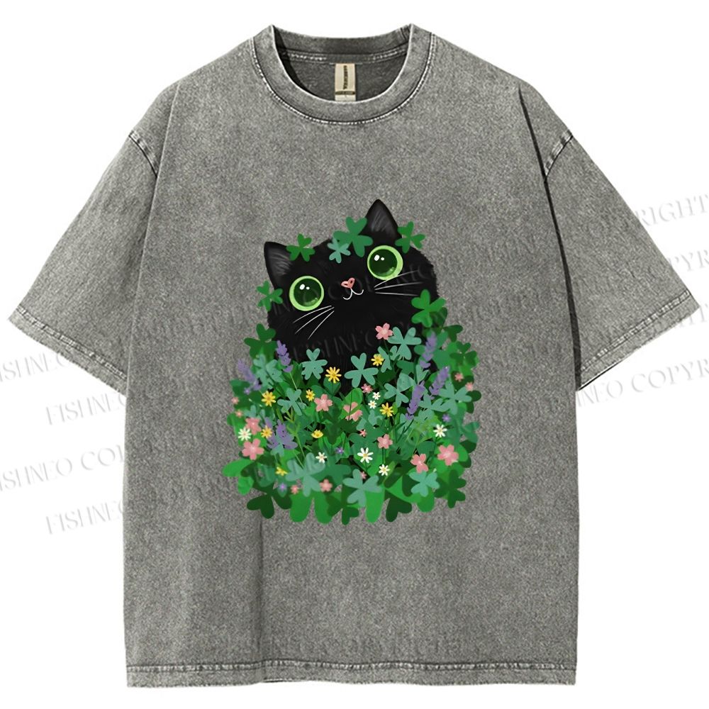 Unisex Black Cat On St. Patrick's Day Printed Washed Tee
