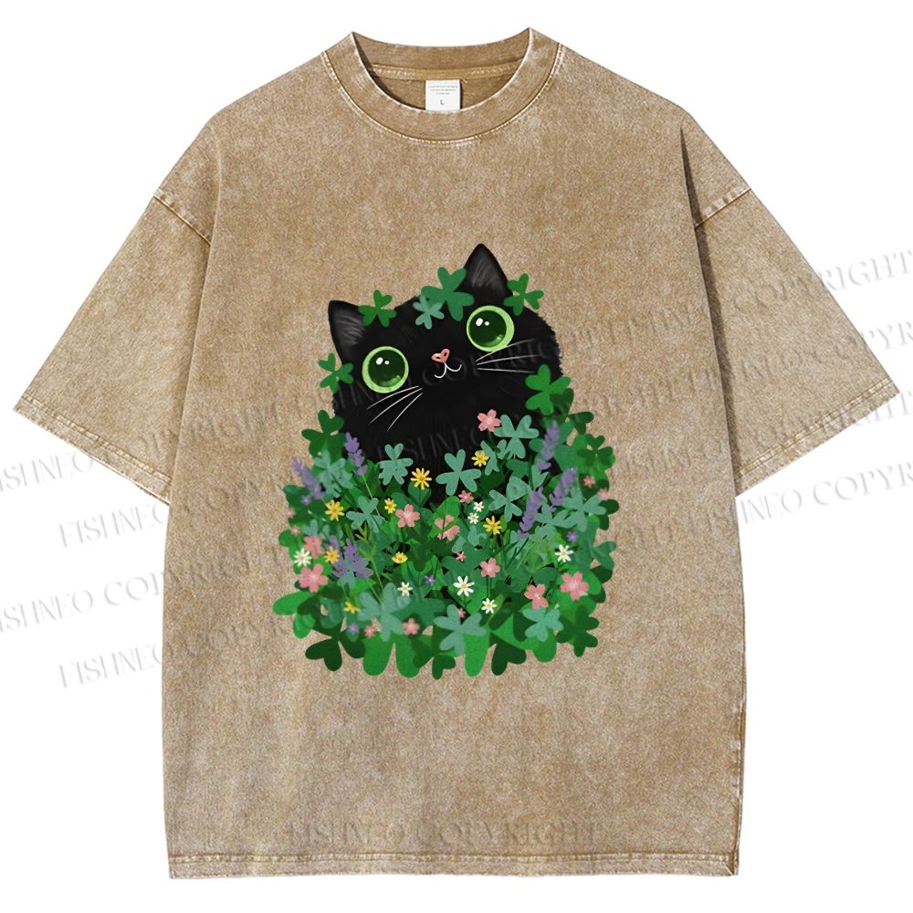 Unisex Black Cat On St. Patrick's Day Printed Washed Tee