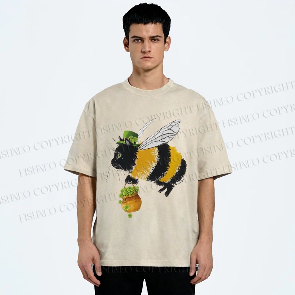 Unisex Lucky Buzz Cat Printed Washed Tee
