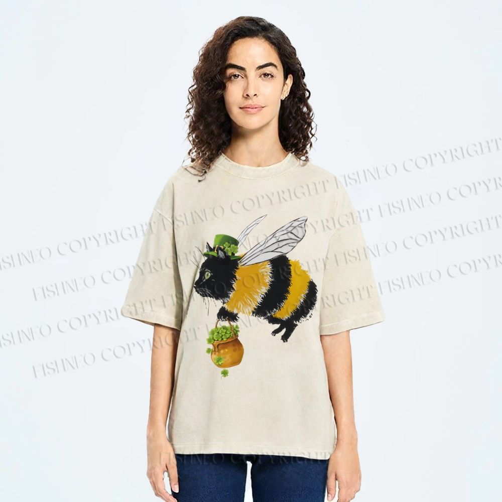Unisex Lucky Buzz Cat Printed Washed Tee