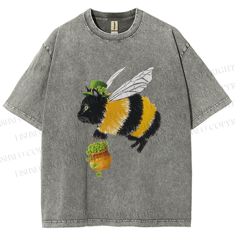 Unisex Lucky Buzz Cat Printed Washed Tee