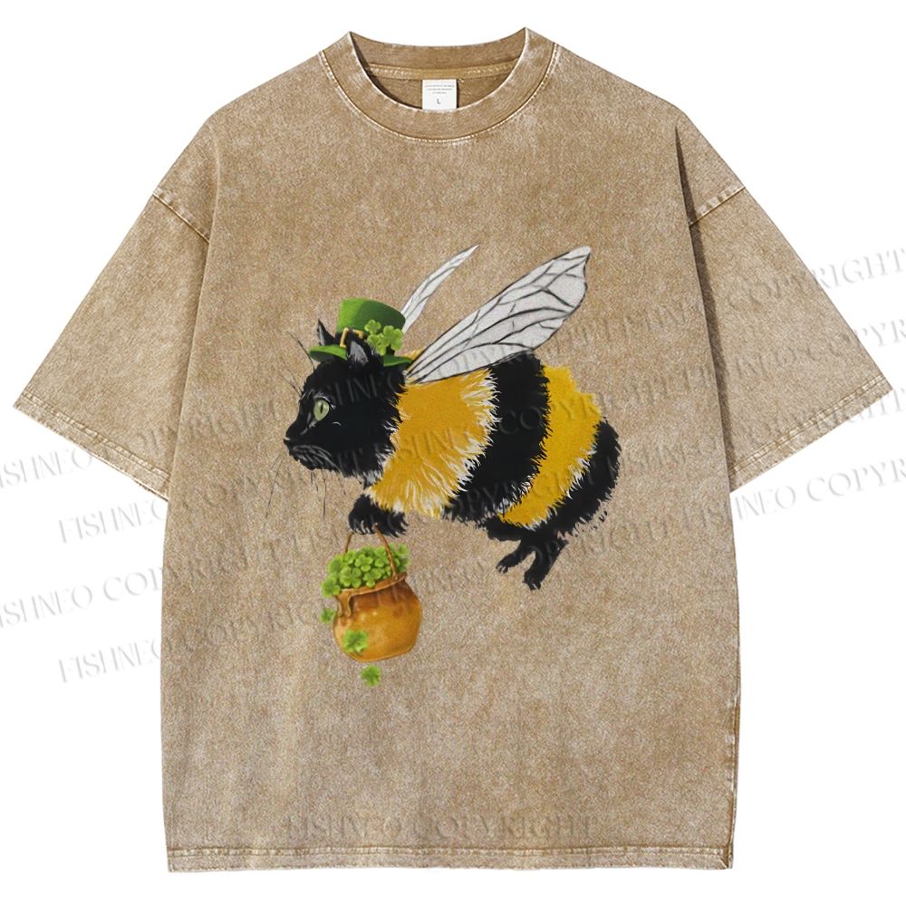 Unisex Lucky Buzz Cat Printed Washed Tee