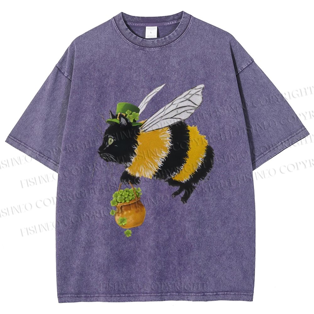 Unisex Lucky Buzz Cat Printed Washed Tee