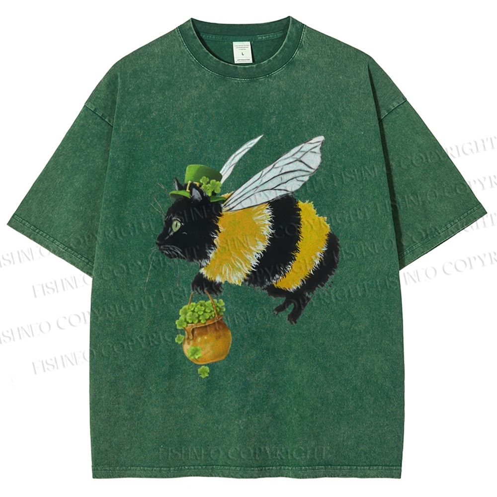 Unisex Lucky Buzz Cat Printed Washed Tee