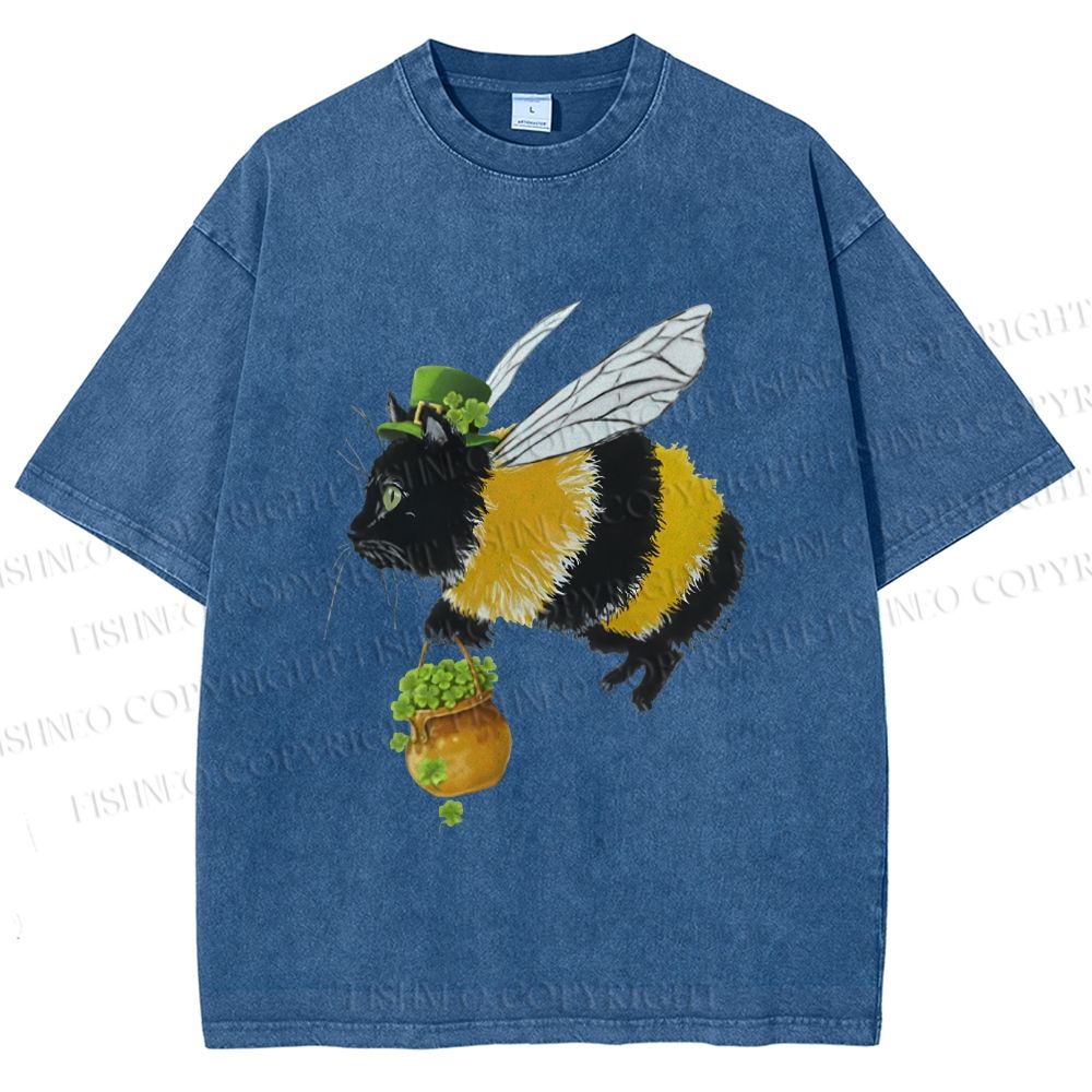 Unisex Lucky Buzz Cat Printed Washed Tee