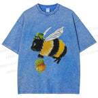 Unisex Lucky Buzz Cat Printed Washed Tee