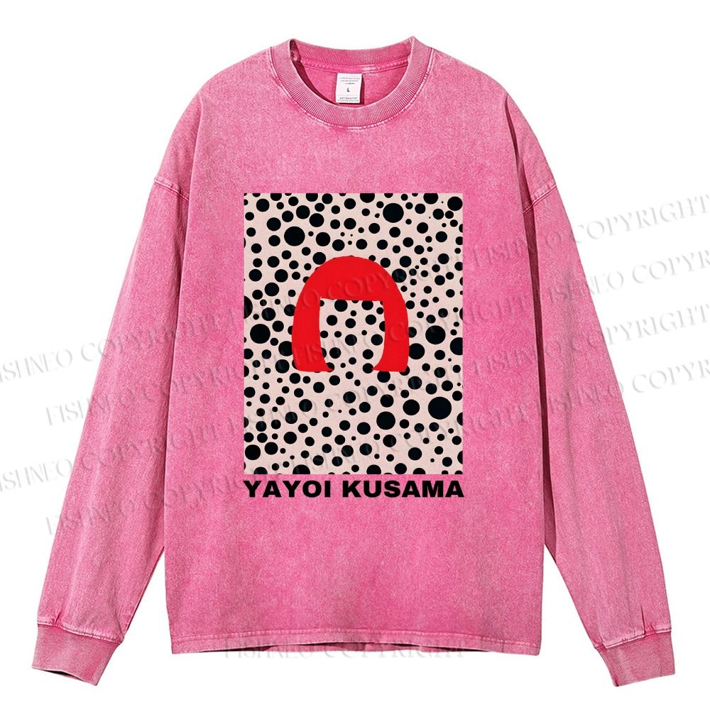 Unisex Casual Washed Yayoi Kusama Printed Long Sleeve T-shirt