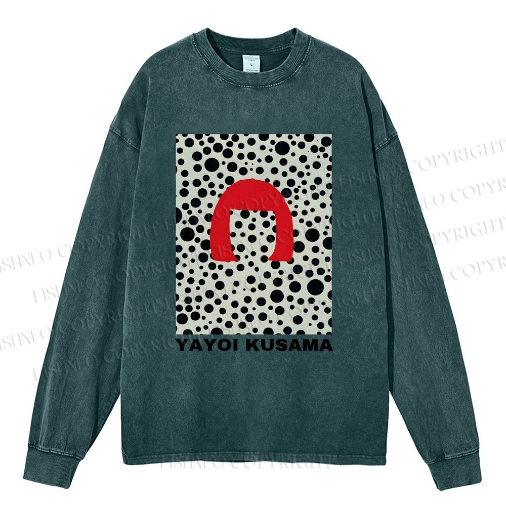 Unisex Casual Washed Yayoi Kusama Printed Long Sleeve T-shirt