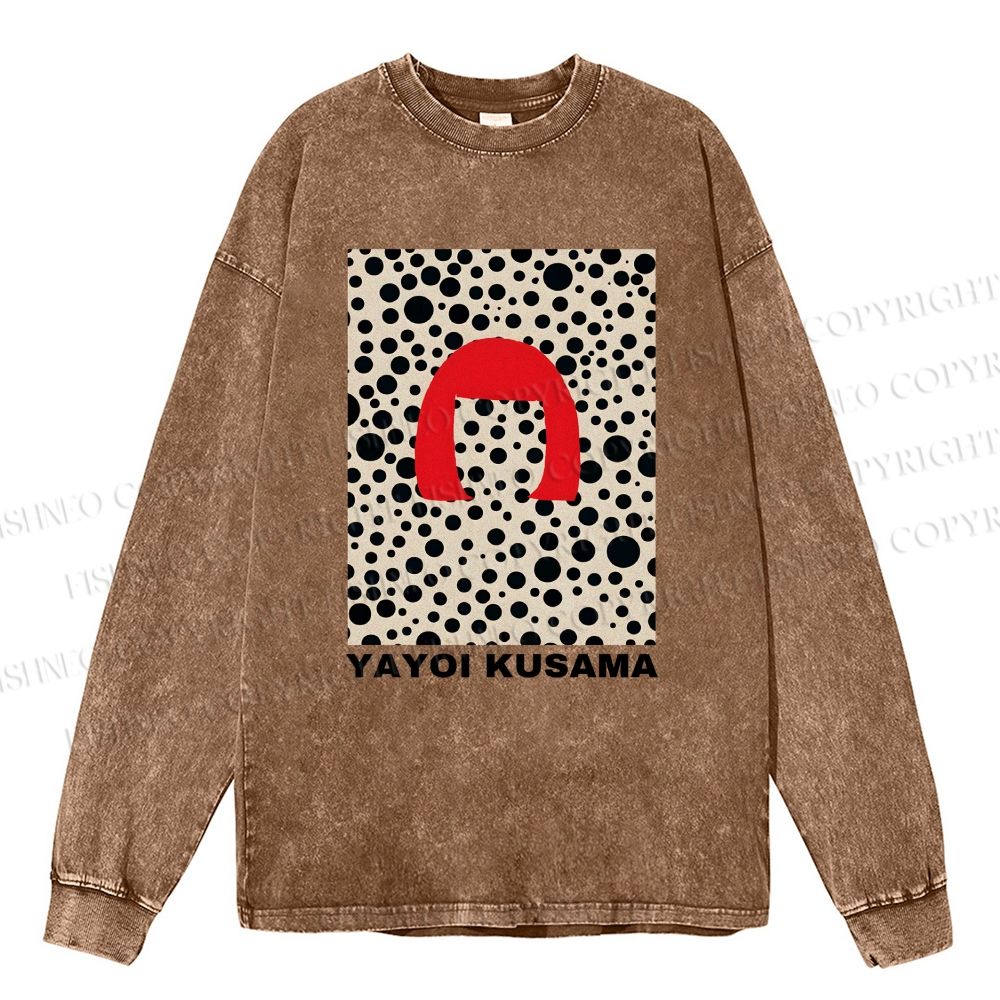 Unisex Casual Washed Yayoi Kusama Printed Long Sleeve T-shirt