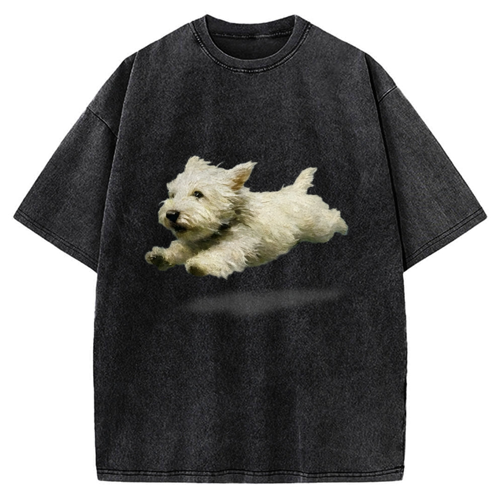 Unisex Funny retro Cute Running Dog Art Print Vintage Washed T-shirt