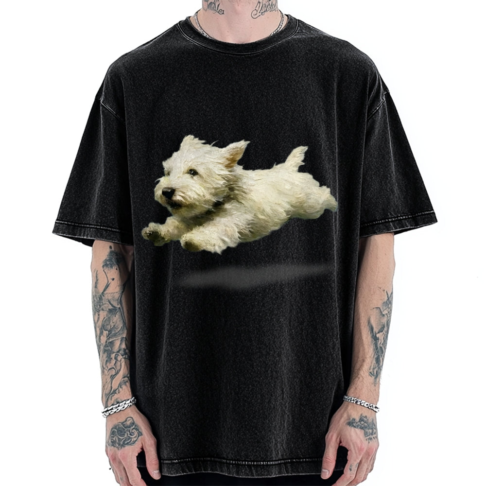 Unisex Funny retro Cute Running Dog Art Print Vintage Washed T-shirt