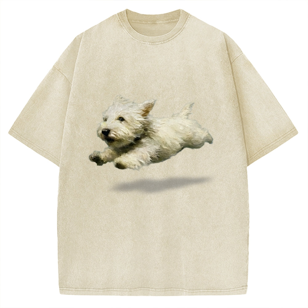 Unisex Funny retro Cute Running Dog Art Print Vintage Washed T-shirt