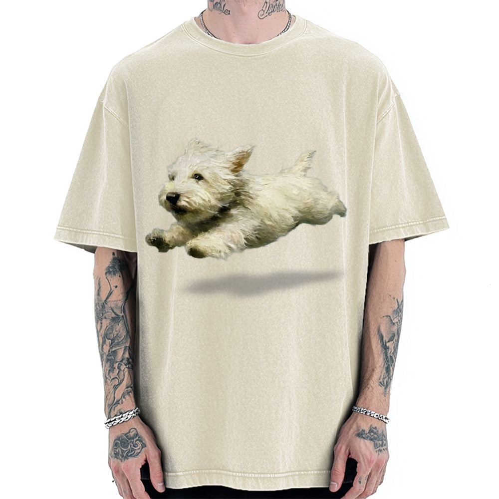 Unisex Funny retro Cute Running Dog Art Print Vintage Washed T-shirt
