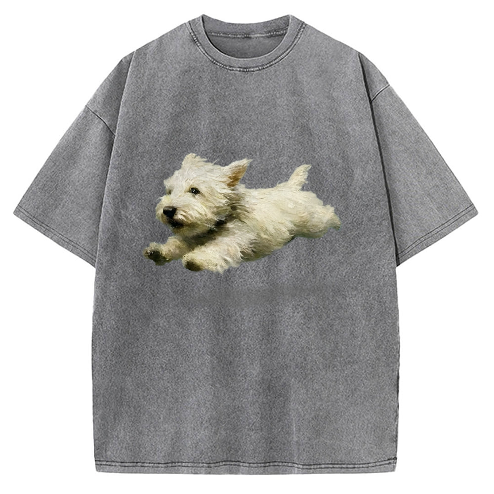 Unisex Funny retro Cute Running Dog Art Print Vintage Washed T-shirt