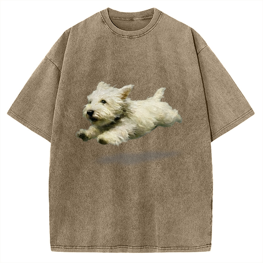 Unisex Funny retro Cute Running Dog Art Print Vintage Washed T-shirt