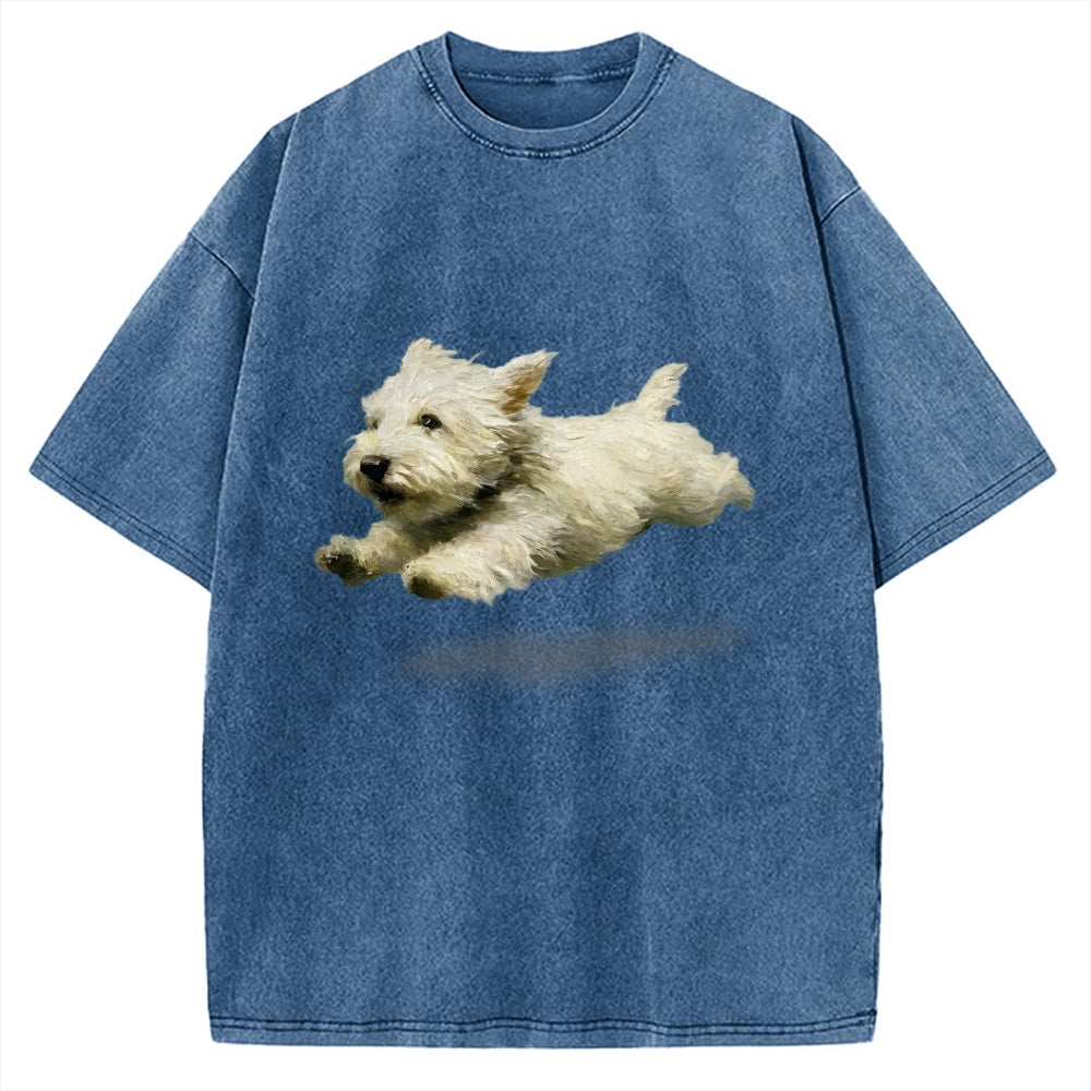 Unisex Funny retro Cute Running Dog Art Print Vintage Washed T-shirt