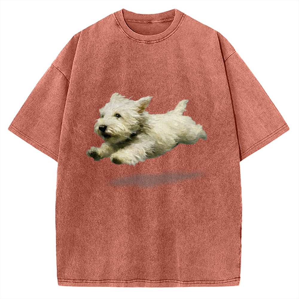 Unisex Funny retro Cute Running Dog Art Print Vintage Washed T-shirt