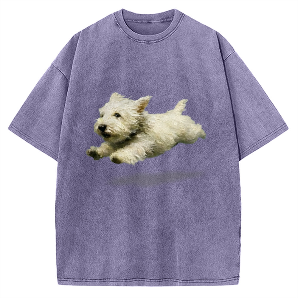 Unisex Funny retro Cute Running Dog Art Print Vintage Washed T-shirt