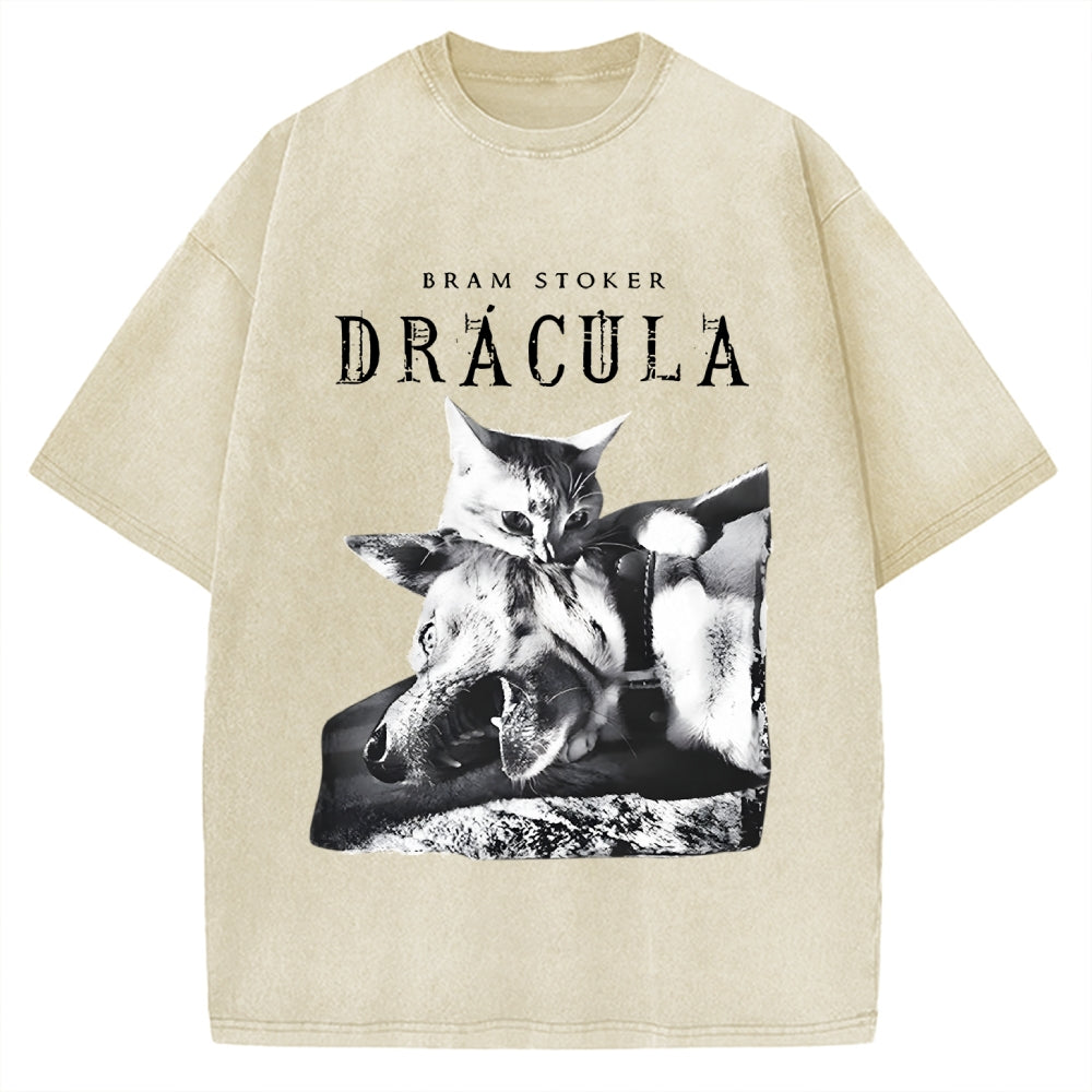 Unisex Cat Dracula Vampire Kitten Vintage Washed T-shirt