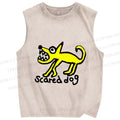 Unisex Silly Scared Dog Printed Washed Tank Top