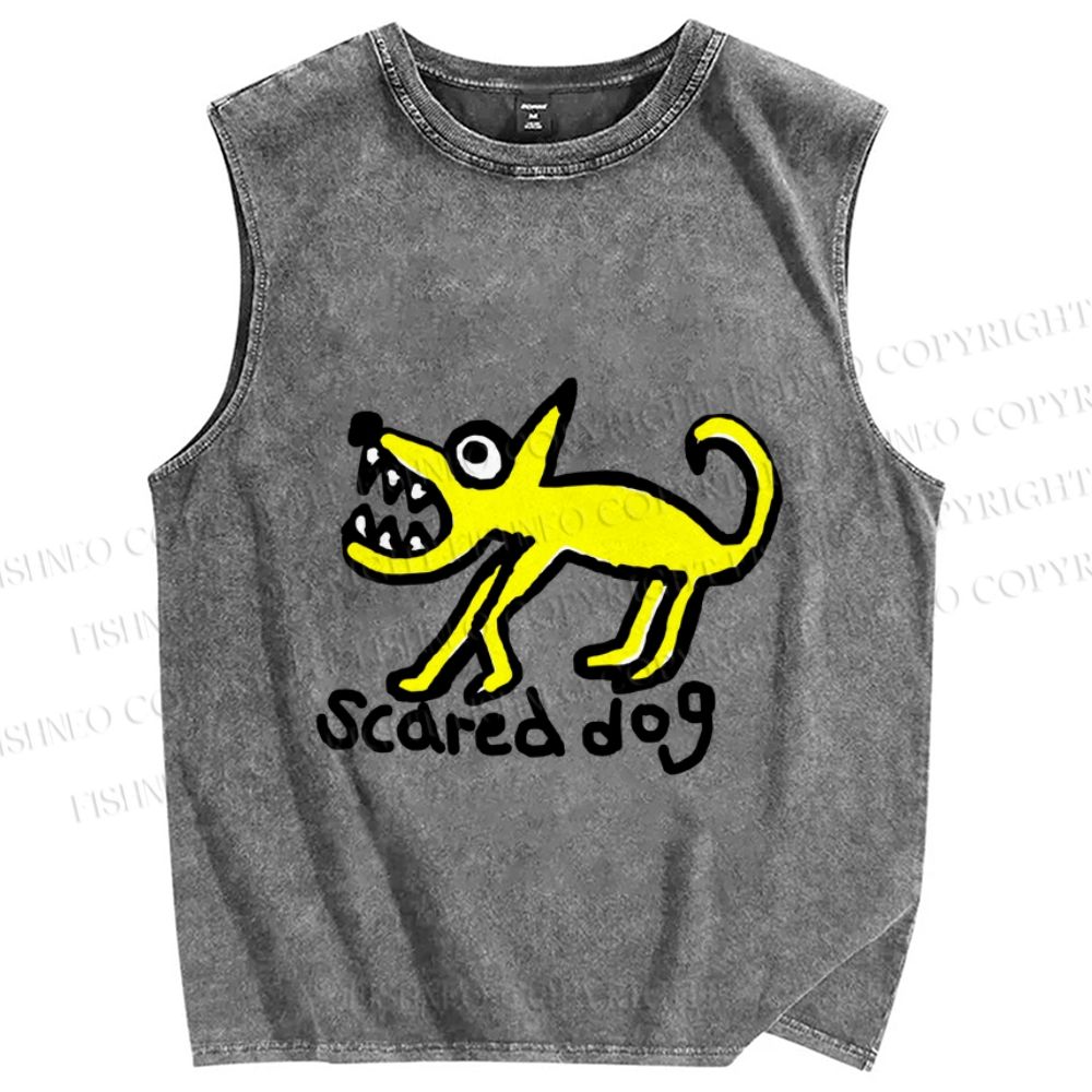 Unisex Silly Scared Dog Printed Washed Tank Top