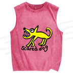 Unisex Silly Scared Dog Printed Washed Tank Top