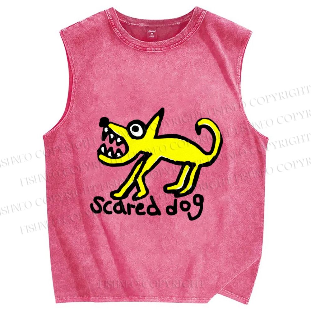 Unisex Silly Scared Dog Printed Washed Tank Top