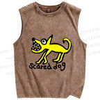 Unisex Silly Scared Dog Printed Washed Tank Top