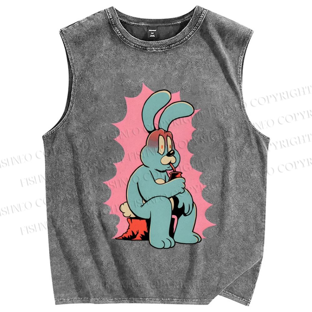 Unisex Anxious Rabbit Printed Washed Tank Top
