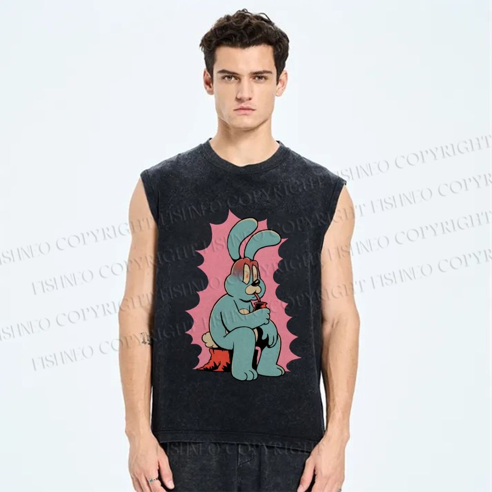 Unisex Anxious Rabbit Printed Washed Tank Top